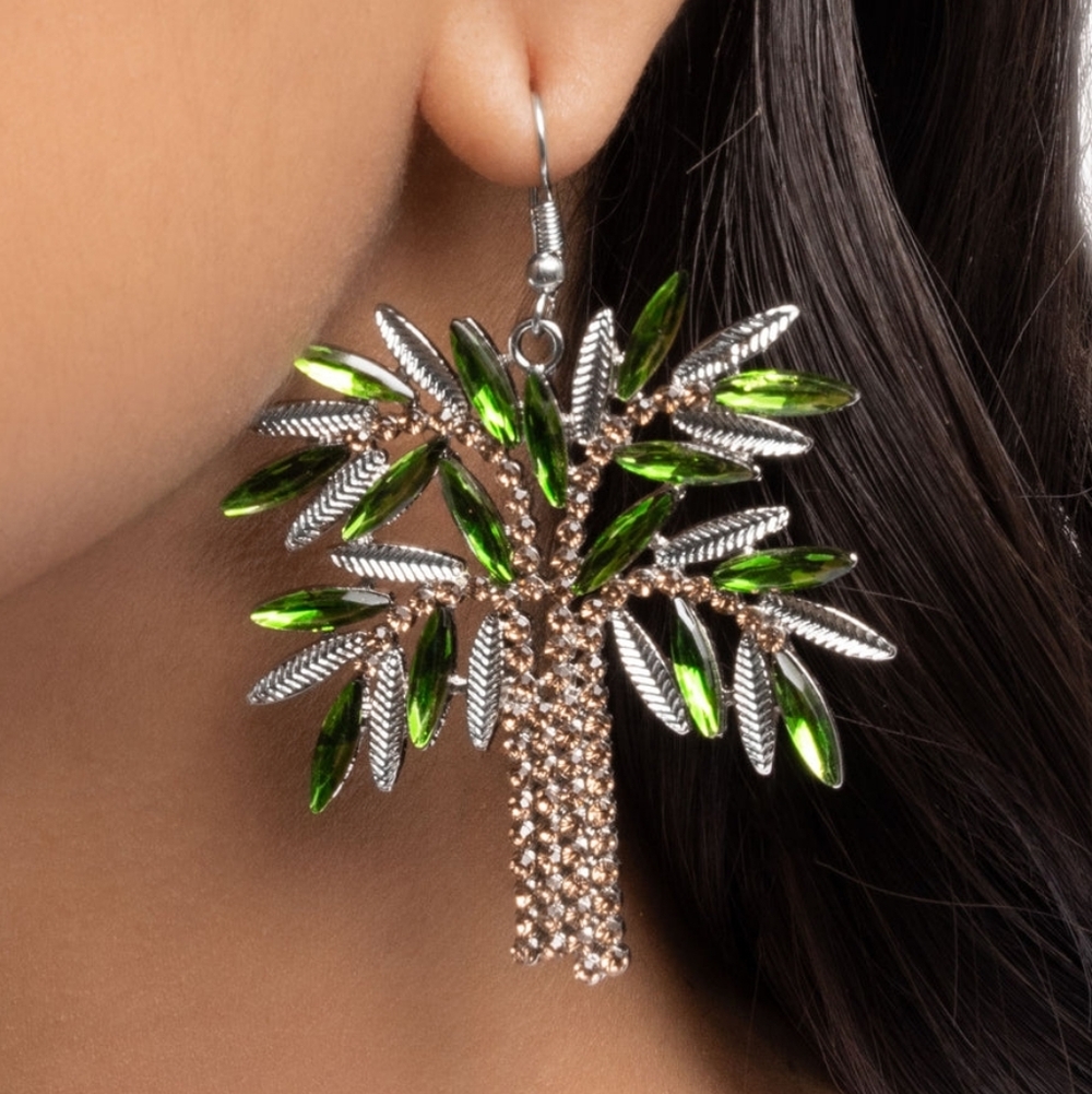 Elegant Green and Silver Palm Tree Earrings